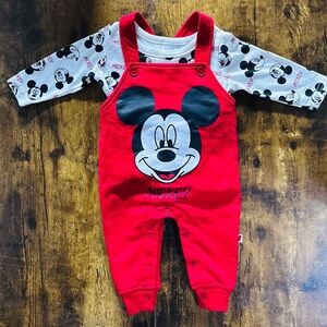 Disney Baby Mickey Mouse Red Overall Romper + Shirt Set 🐭❤️ 0/3